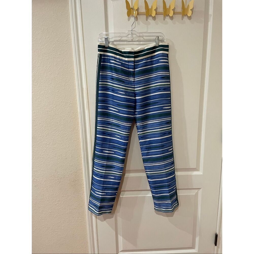 Tory Burch Blue Green Striped Printed Pants Tailored Trousers Designer